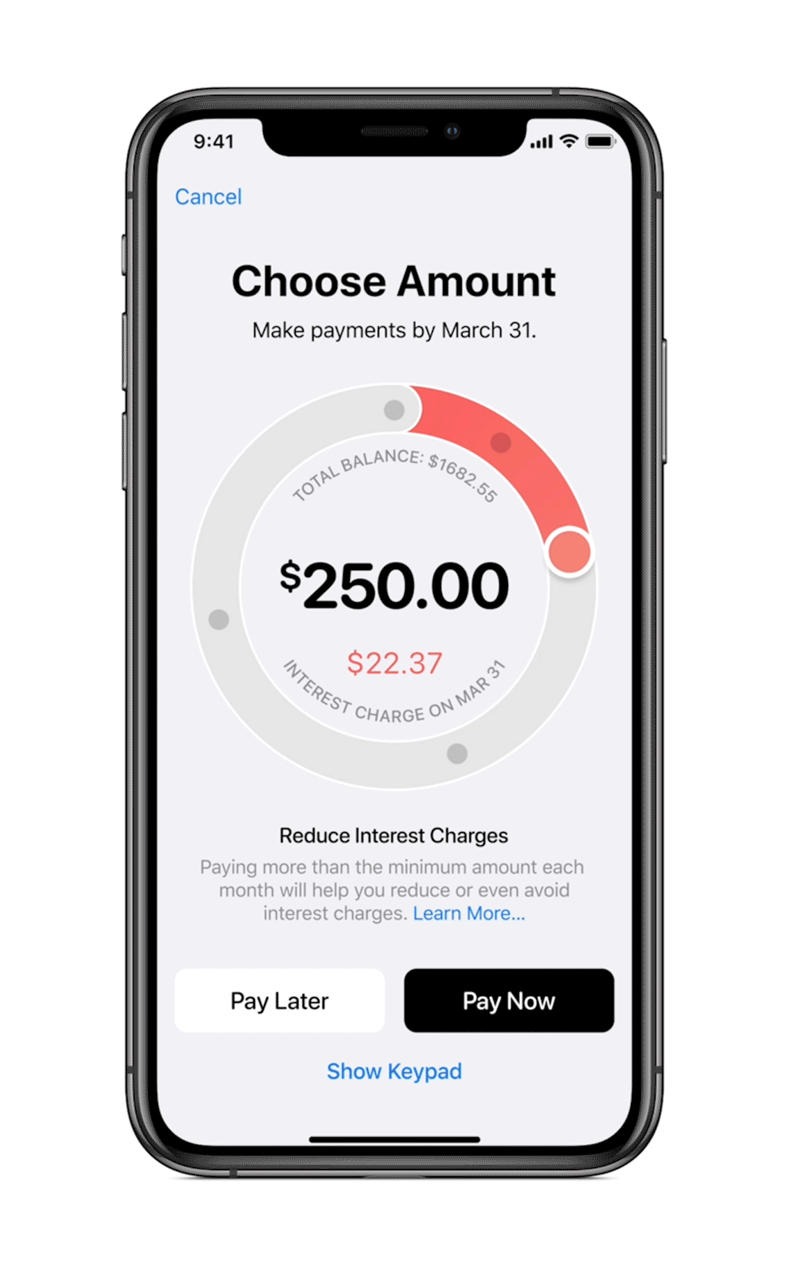 iPhone screen showing payback amount as an adjustable wheel on Apple Card.