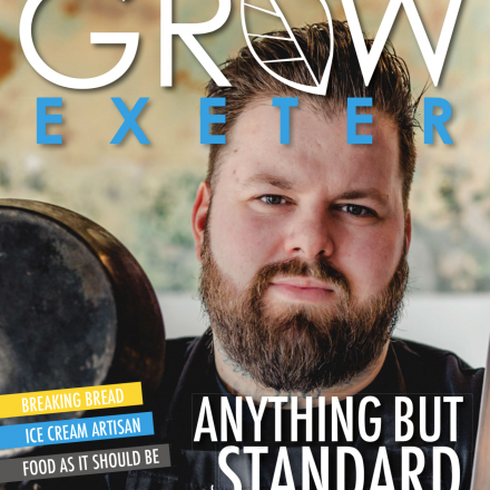 Ben Corcutt, Head Chef of South Street Standard in Exeter, man with beard, saucepan and knife.